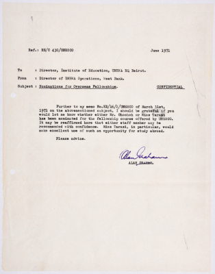 A letter from the Education Department of the United Nations Relief and Works Agency for Palestinian Refugees (UNRWA) regarding a UNESCO training scholarship