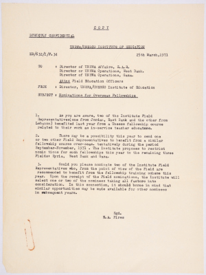 A letter from the Education Department of the United Nations Relief and Works Agency for Palestinian Refugees (UNRWA) regarding a UNESCO training scholarship