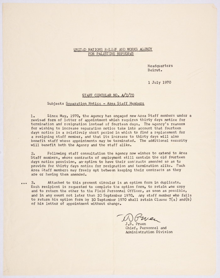 An internal circular issued by the United Nations Relief and Works Agency for Palestinian Refugees regarding the dismissal notices