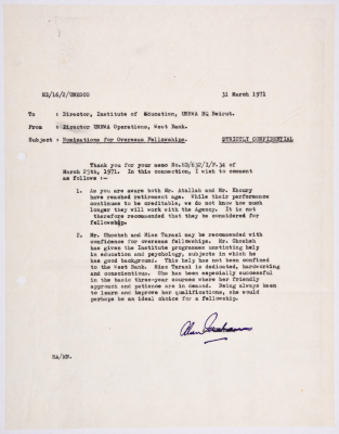 A letter from the Education Department of the United Nations Relief and Works Agency for Palestinian Refugees (UNRWA) regarding a UNESCO training scholarship