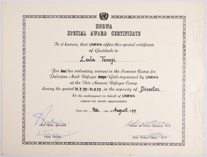 Certificate of Merit from the United Nations Relief and Works Agency for Palestinian Refugees to Laila Terzi