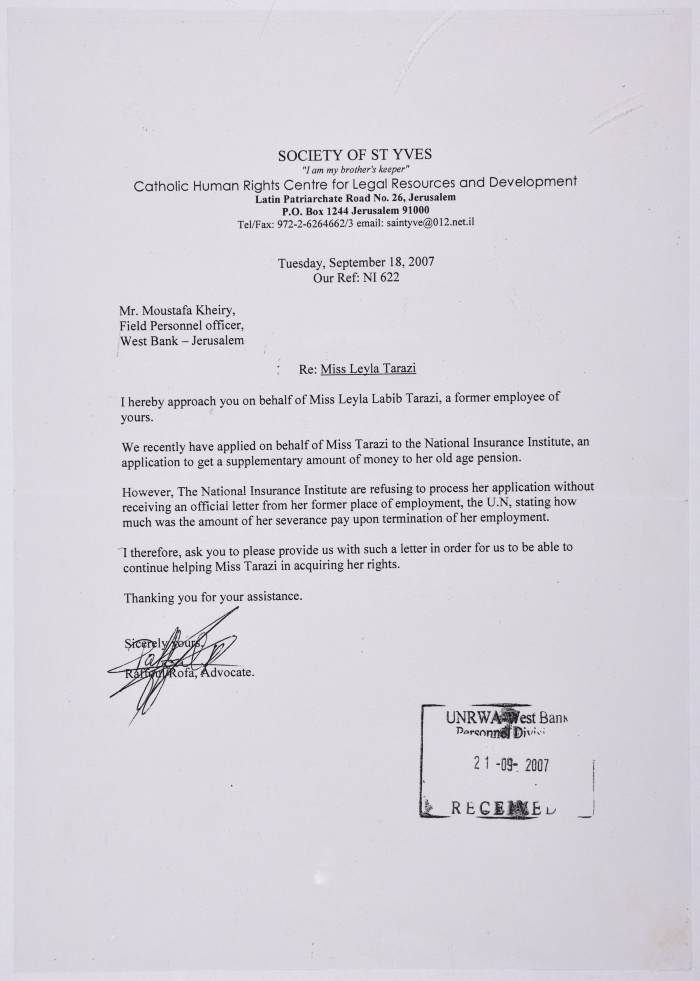 The request of a document confirming that Laila Terzi worked at the United Nations Relief and Works Agency for Palestinian Refugees