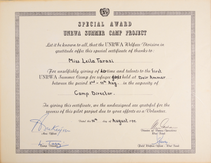Certificate of Merit from the United Nations Relief and Works Agency for Palestinian Refugees to Laila Terzi
