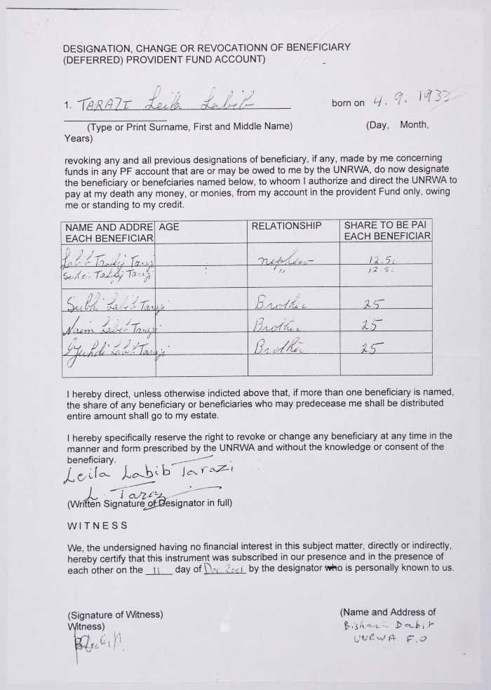 Letter from Laila Terzi to the Head of the Accounting Department of the United Nations Relief and Works Agency