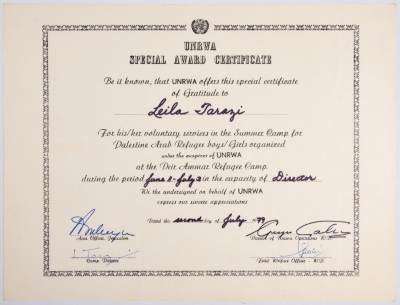Certificate of Merit from the United Nations Relief and Works Agency for Palestinian Refugees to Laila Terzi