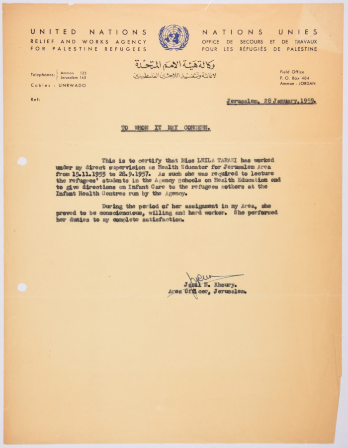 A document confirming that Laila Terzi worked at the United Nations Relief and Works Agency for Palestinian Refugees