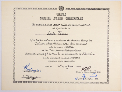 Certificate of Merit from the United Nations Relief and Works Agency for Palestinian Refugees to Laila Terzi