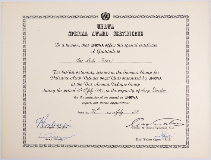 Certificate of Merit from the United Nations Relief and Works Agency for Palestinian Refugees to Laila Terzi