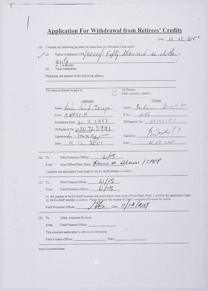 Letter from Laila Terzi to the Head of the Accounting Department of the United Nations Relief and Works Agency