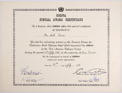 Certificate of Merit from the United Nations Relief and Works Agency for Palestinian Refugees to Laila Terzi