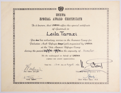 Certificate of Merit from the United Nations Relief and Works Agency for Palestinian Refugees to Laila Terzi