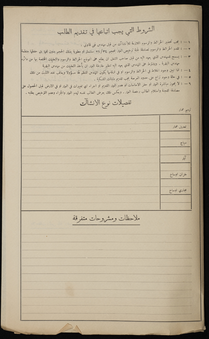 A Sketch of a Construction Plan for Muhammad al-Salman Issued by the Municipality of Tulkarm, 1946