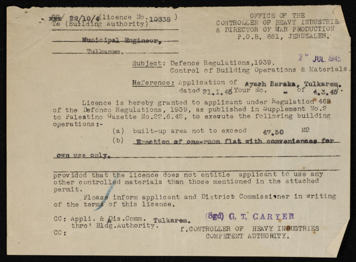 A Sketch of a Construction Plan for Muhammad al-Salman Issued by the Municipality of Tulkarm, 1945