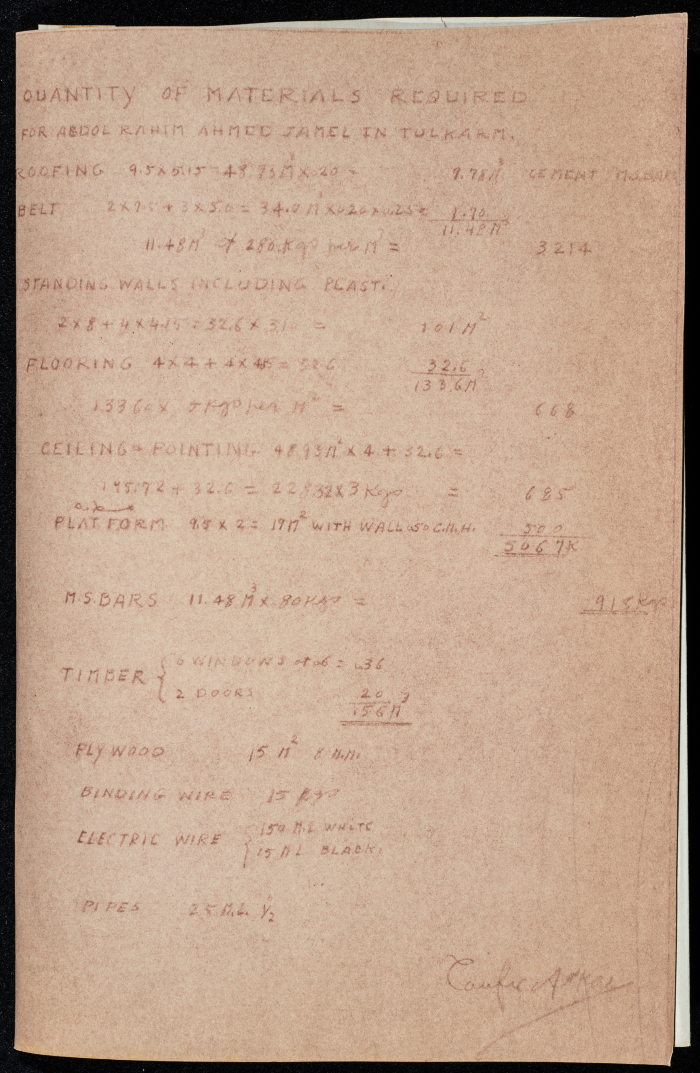 A sketch of a construction plan for Abdel Rahim Ahmed El Gamal issued by Tulkarm municipality in 1946