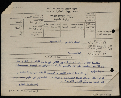 A Telegram Sent from the Mayor of Tulkarm to the Nazareth Municipal Council