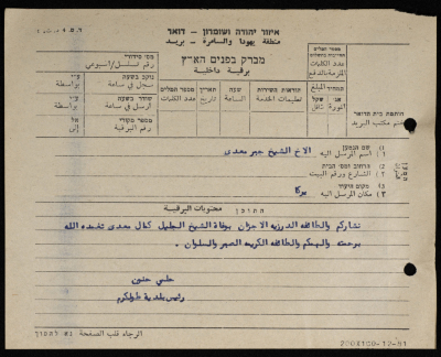 A Telegram from the Mayor of Tulkarm to Jaber Muʿdy
