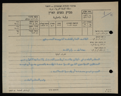 برقية مرسلة من رئيس بلدية طولكرم إلى الحاكم العسكري للضفة الغربية
