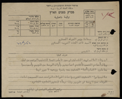 برقية مرسلة من رئيس بلدية طولكرم إلى الحاكم العسكري للضفة الغربية 