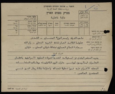 A Telegram Sent by the Mayor of Tulkarm to several authorities in the Israeli occupation authorities