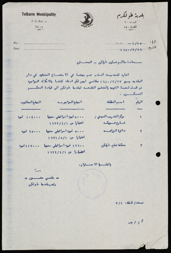 A Letter from the Mayor of Tulkarm to the Military Governor of Tulkarm