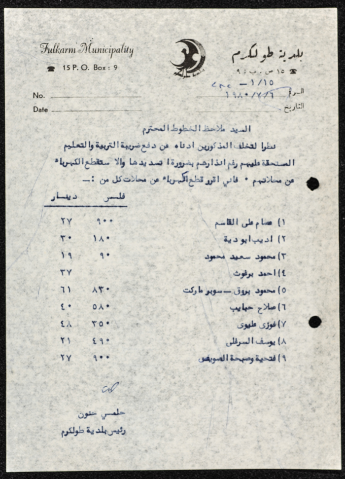 A Letter from the Mayor of Tulkarm to the Linesman