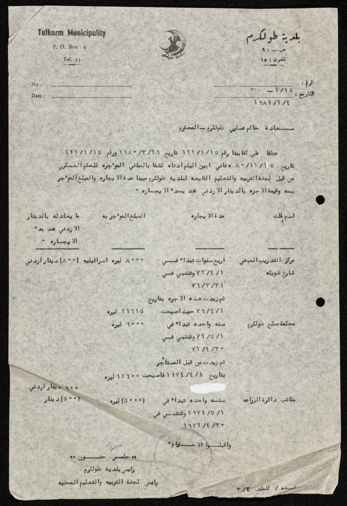 A Letter from the Mayor of Tulkarm to the Military Governor of Tulkarm