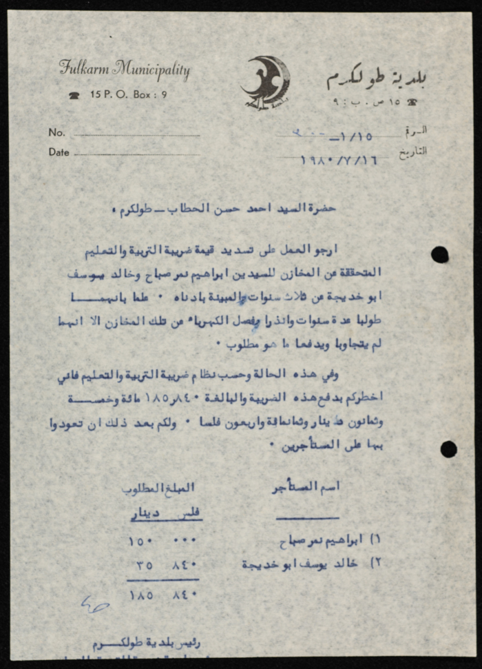 A Letter from the Mayor of Tulkarm to Ahmad al-Hattab