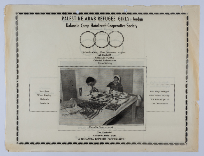 A promotional advertisement for the products of Qalandia Camp Women Handicraft Cooperative Society for Sewing & Handicrafts