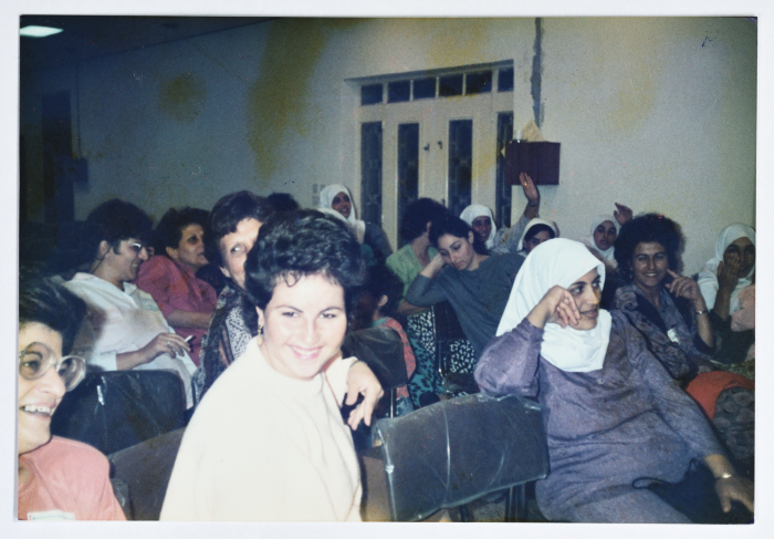 Aisha al-Labadi and Fayza Yousef at the Federation of Women's Action Committees, 1986