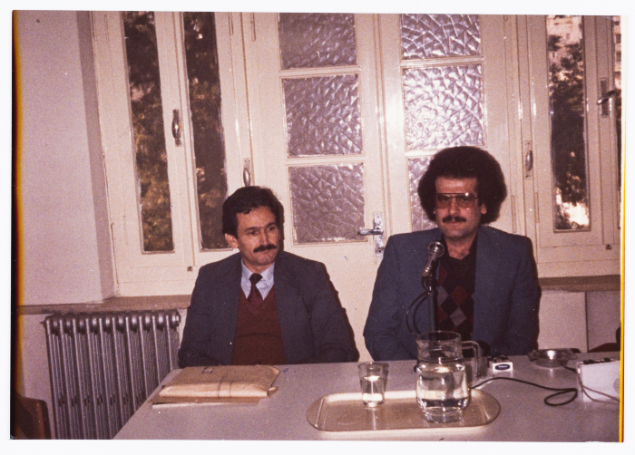 Mahmoud Shukair with Waleed Seif during a seminar at the Jordanian Writers Association in Amman