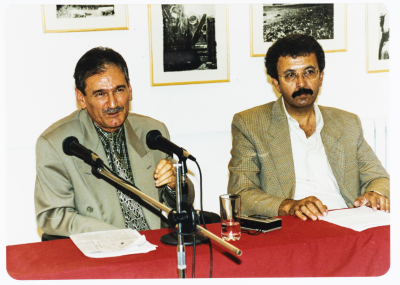 Mahmoud Shukair with Ibrahim Nasrallah at Darat Al-Funun in Amman in 1999