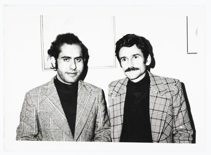 Mahmoud Shukair with the poet Izz ad-Din Manasrah in Beirut in 1975