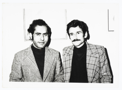 Mahmoud Shukair with the poet Izz ad-Din Manasrah in Beirut in 1975