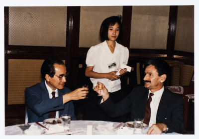 Mahmoud Shukair with Basher Barghouthi in 1991 on a visit to China in satisfaction of the Chinese Communist Party invitation