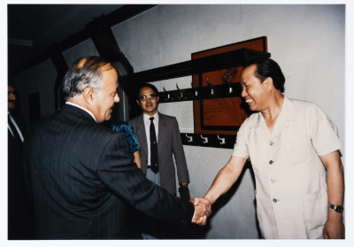 Mahmoud Shukair with Basher Barghouthi in 1991 on a visit to China in satisfaction of the Chinese Communist Party invitation