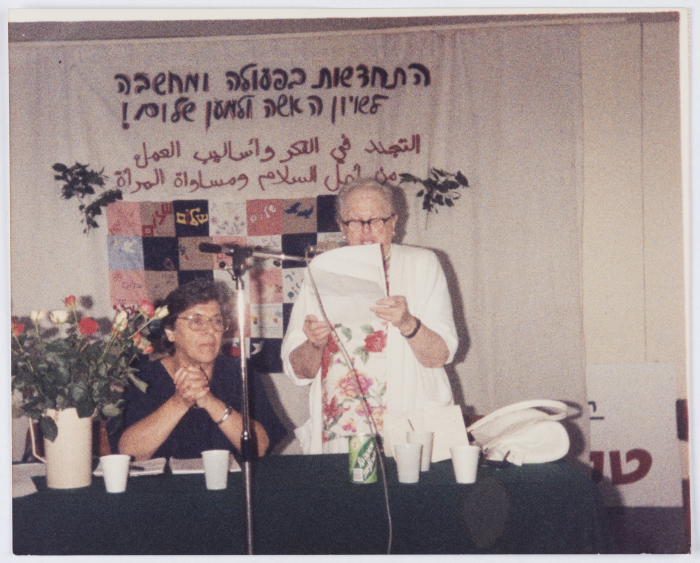 A Photograph of a Member of the Movement of Democratic Women Giving a Speech 