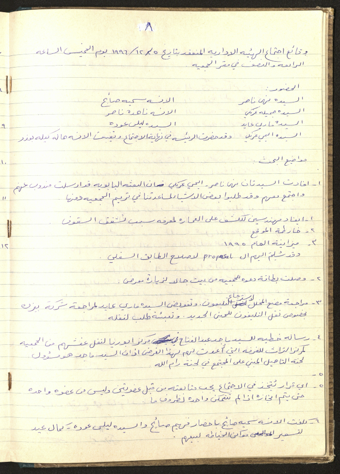 محضر اجتماع الهيئة الإدارية لجمعية سيدات بيرزيت رقم (8) لعام1996
