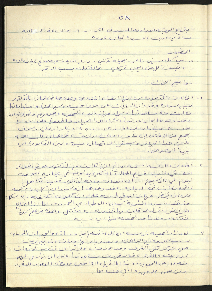 محضر اجتماع الهيئة الإدارية لجمعية سيدات بيرزيت رقم (58) لعام 2001