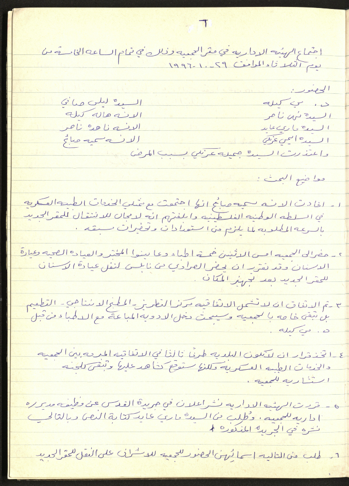 محضر اجتماع الهيئة الإدارية لجمعية سيدات بيرزيت رقم (6) لعام 1996