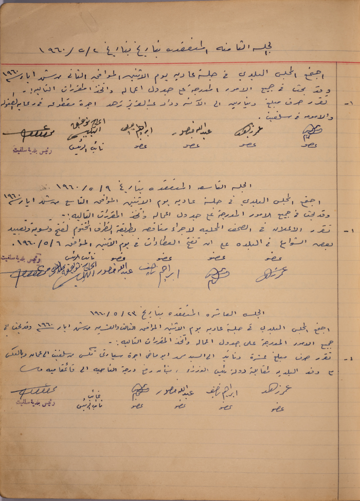 The Minutes of Sessions No. Eight to Ten of the Salfit Municipal Council, 1960