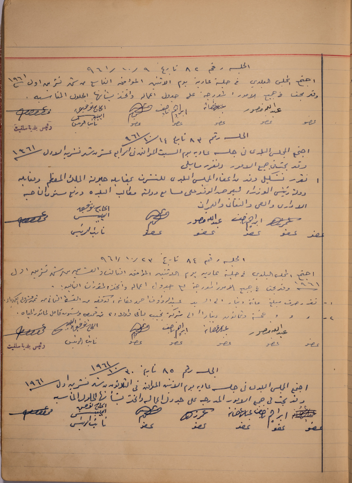 The Minutes of Sessions No. 82- 85 of the Salfit Municipal Council, 1961