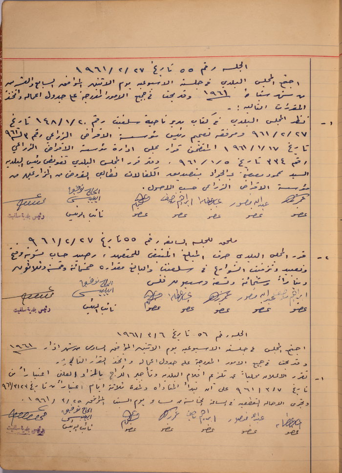 The Minutes of Sessions No. 55- 56 of the Salfit Municipal Council, 1961