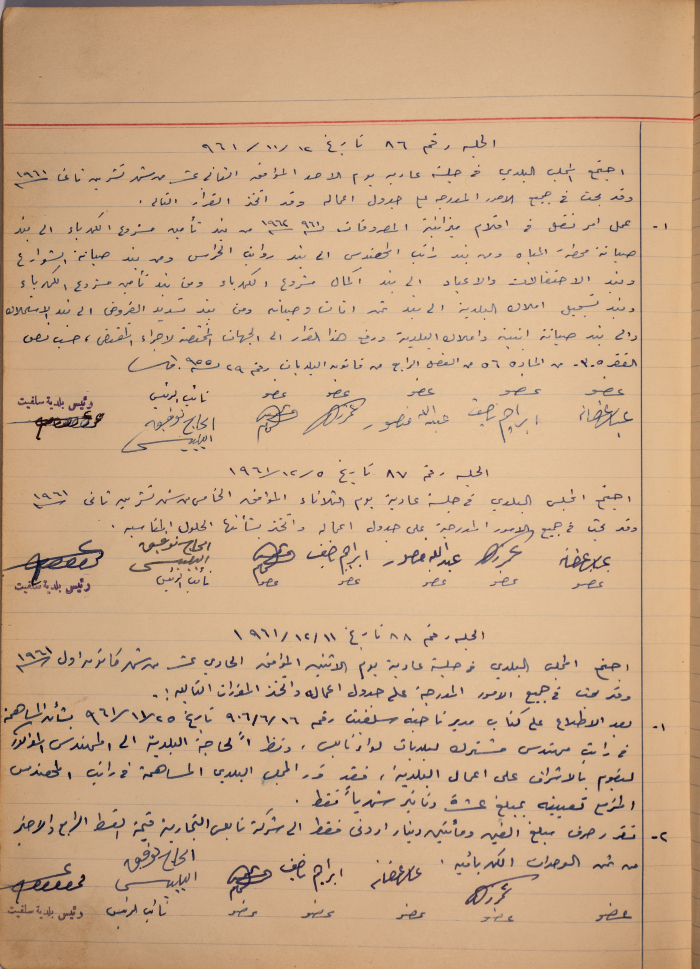 The Minutes of Sessions No. 86- 88 of the Salfit Municipal Council, 1961