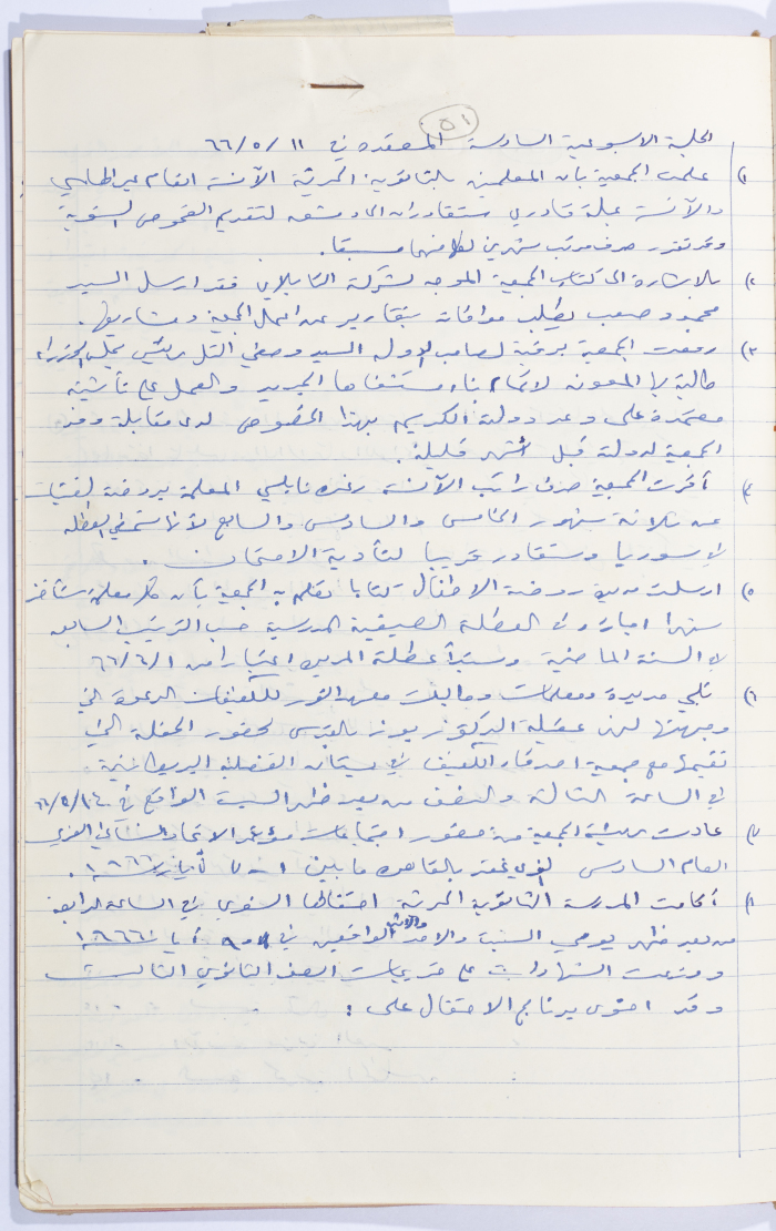 Minutes of the Meeting of the Administrative Body of the Arab Women Union Society, Nablus, 1966